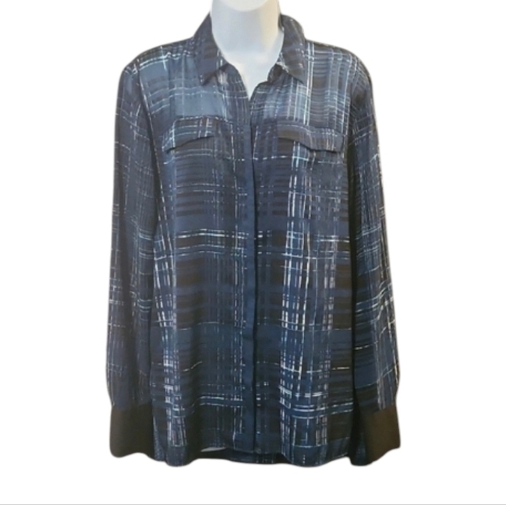 Simply Vera Vera Wang Women's Navy Checkered Semi-Sheer Button Up Shirt